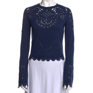 Derek Lam 10 Crosby Blouse Top Navy Ruffle Front Long Sleeve Embroidered Cotton